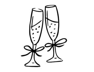 Two black line art champagne glasses with bows on a white background