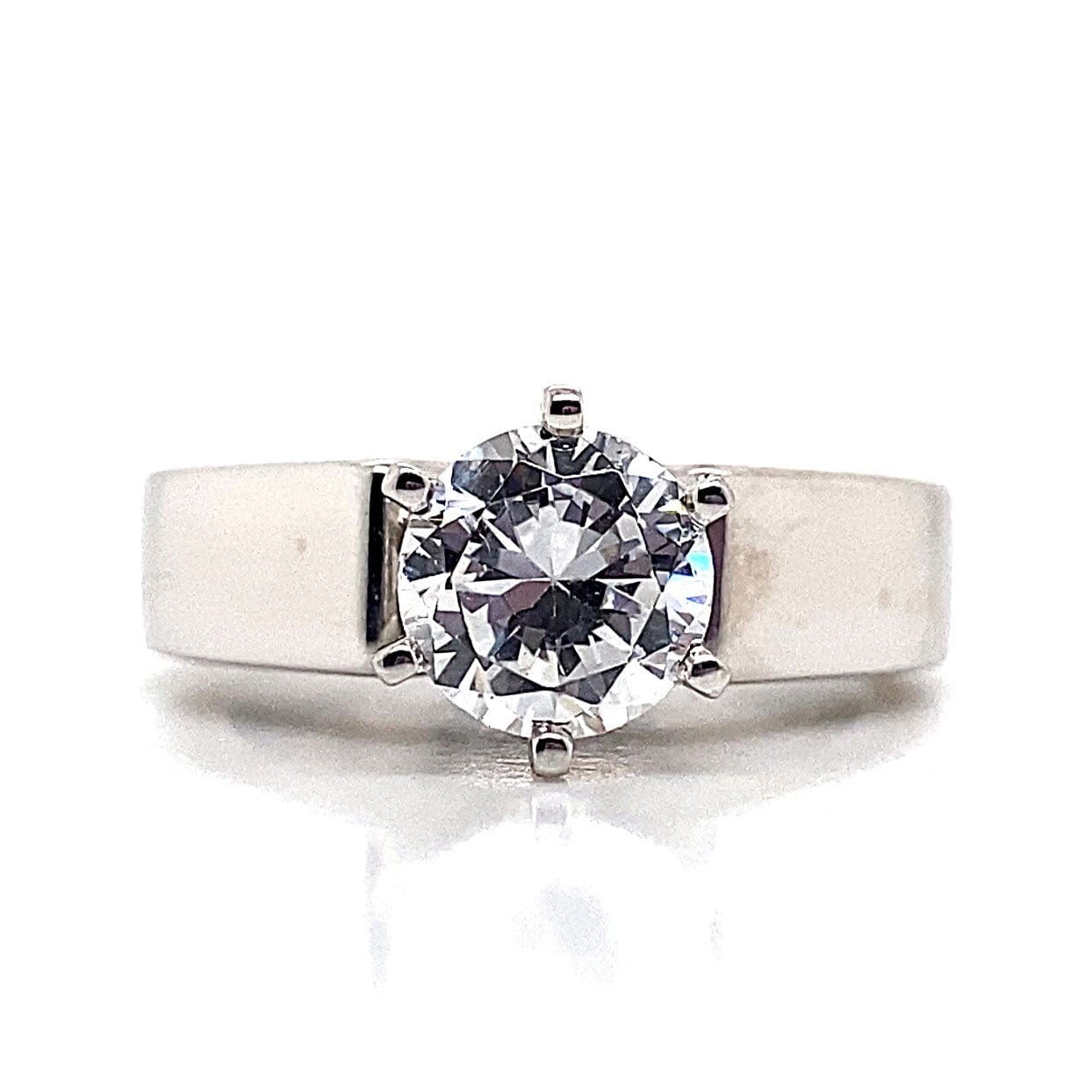 14K WHITE GOLD CZ CENTER (7.5 MM RBC) FLAT CATHEDRAL STYLE SOLITAIRE RING