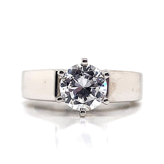 14K WHITE GOLD CZ CENTER (7.5 MM RBC) FLAT CATHEDRAL STYLE SOLITAIRE RING