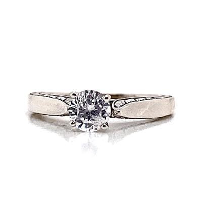 14K WHITE GOLD CZ CENTER (5.5 MM RBC) ENGRAVED CATHEDRAL STYLE RING