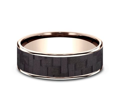 14K ROSE GOLD & BLACK CARBON FIBER MEN'S BAND TWILLED CARBON FIBER CENTER THIN POLISHED EDGES 6.5MM COMFORT-FIT SIZE 10
