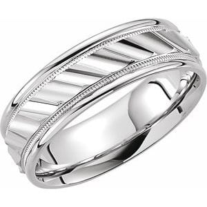 Rings 14K White 6.75 mm Milgrain Edge Diagonal Grooved Comfort-Fit Half Round Band Size 8