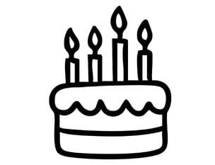 Black and white icon of a birthday cake with candles