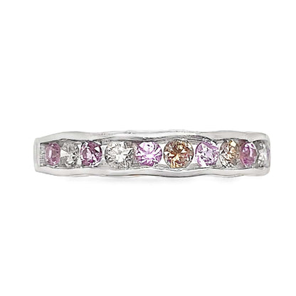 14K WHITE GOLD .25CT TW NATURAL CHOCOLATE DIAMOND AND .30CT TW NATURAL PINK SAPPHIRE WAVY BAND