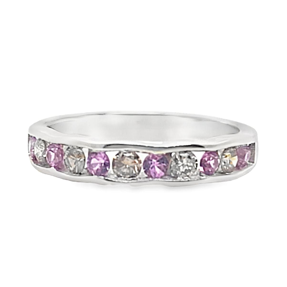 14K WHITE GOLD .25CT TW NATURAL CHOCOLATE DIAMOND AND .30CT TW NATURAL PINK SAPPHIRE WAVY BAND