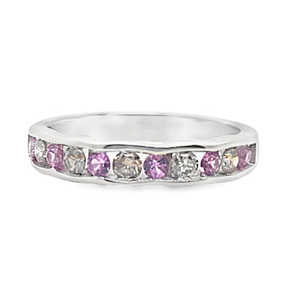 14K WHITE GOLD .25CT TW NATURAL CHOCOLATE DIAMOND AND .30CT TW NATURAL PINK SAPPHIRE WAVY BAND