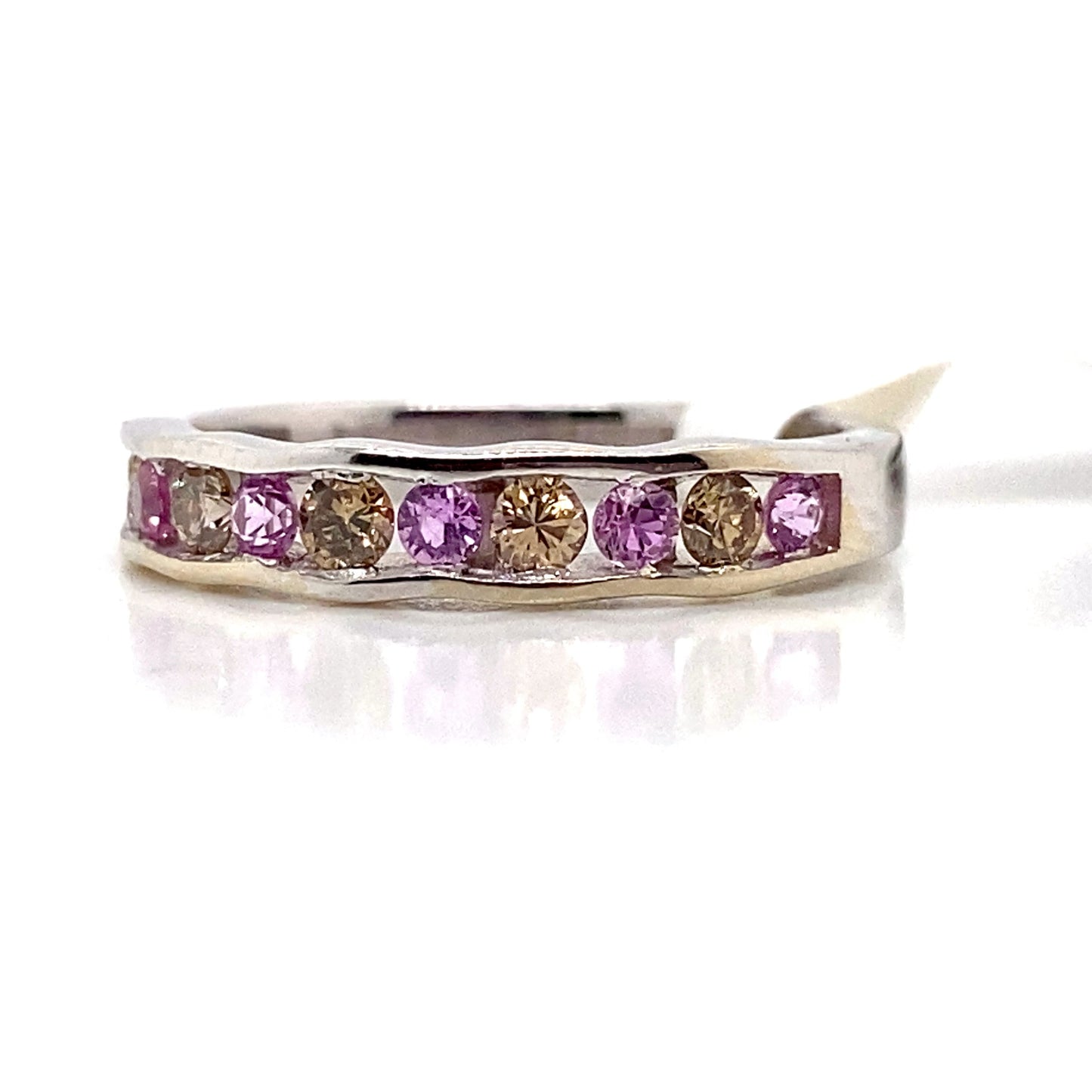 custom 14k white gold .25ct tw natural chocolate diamond and .30ct tw natural pink sapphire wavy band