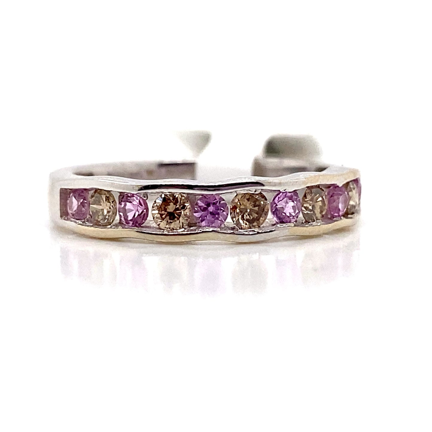 custom 14k white gold .25ct tw natural chocolate diamond and .30ct tw natural pink sapphire wavy band