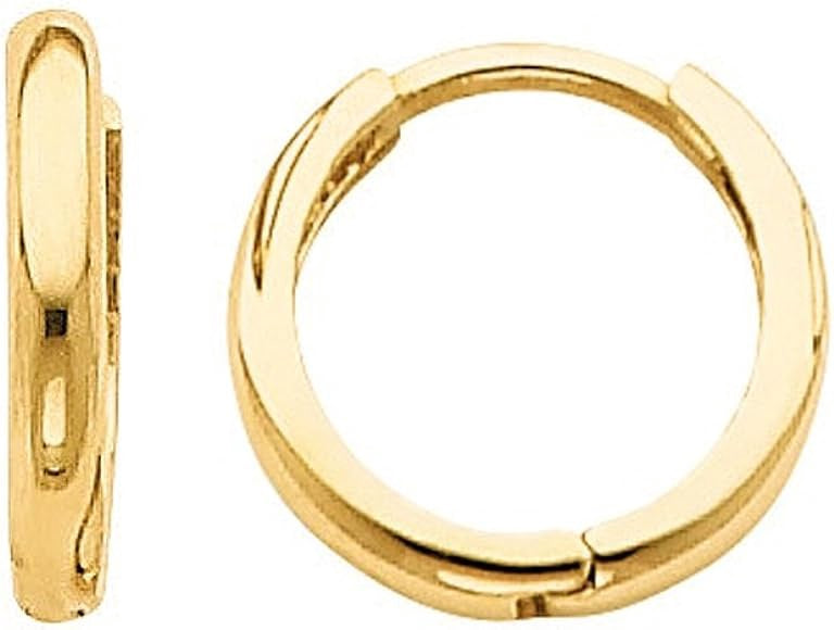 14K Yellow Gold 25mm Tube Hoop Earrings, shown with one from the side and the other in a full circle view.