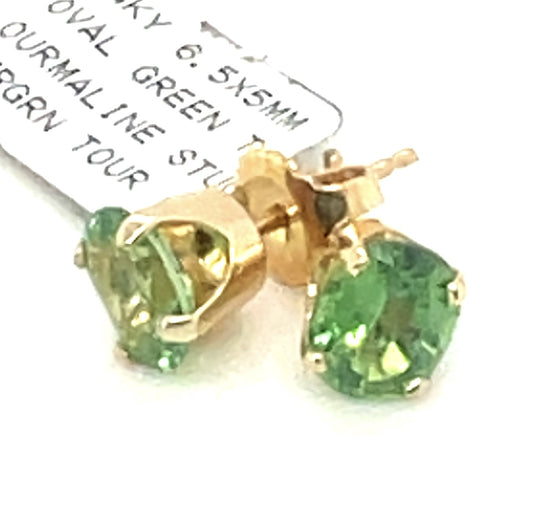 14K YELLOW GOLD 6.5X5 MM OVAL GREEN TOURMALINE STUD  EARRINGS