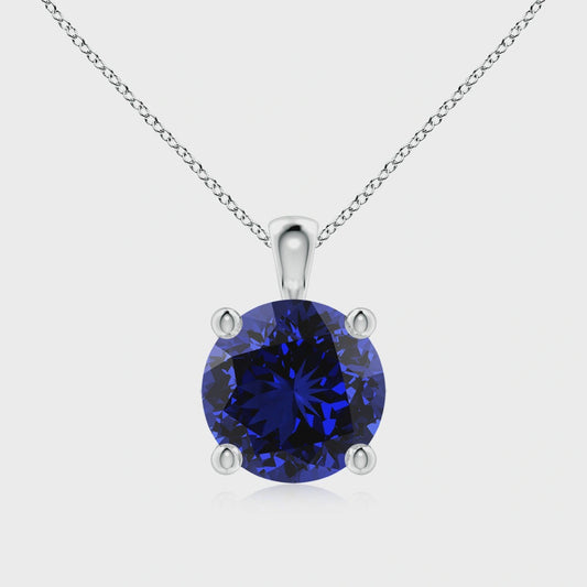 Christopher Fine Diamonds 14K WHITE GOLD 12 MM ROUND BRILLIANT LAB GROWN BLUE SAPPHIRE   .35 CT TW NATURAL ROUND BRILLIANT DIAMOND HALO STYLE WITH THREE STRAND CHAIN