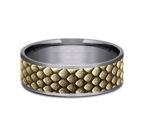 14K YELLOW GOLD & GREY TANTALUM MEN'S BAND DRAGON SCALE CENTER 7.5MM COMFORT-FIT SIZE 10