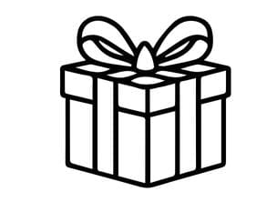 Black and white line drawing of a gift box with a bow