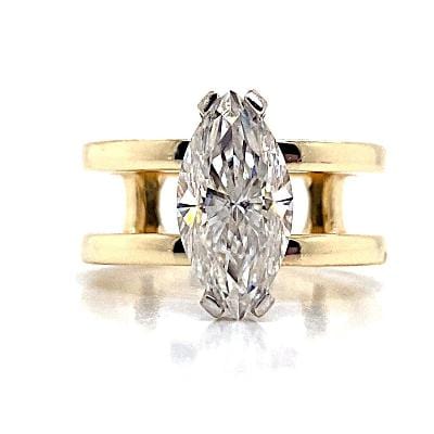 14K YELLOW GOLD 13 X 6.5 MM MARQUISE MOISSANITE CENTER TWO BAND STYLE SOLITAIRE RING