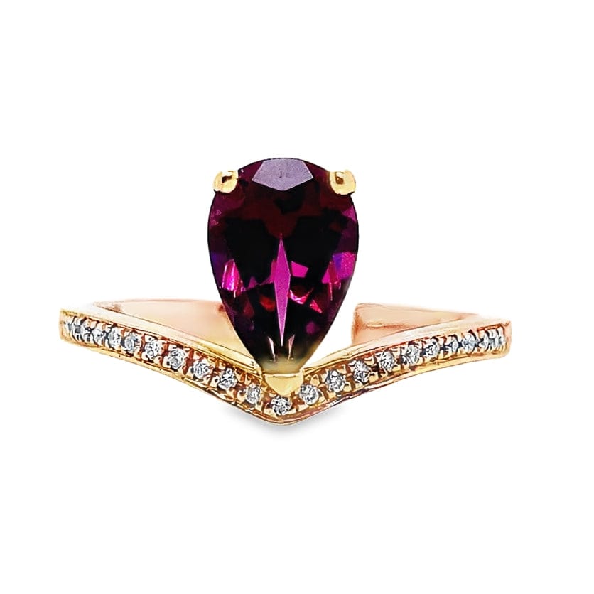 14K ROSE GOLD  1.67 CT PEAR SHAPE RHODOLITE GARNET .15 CT TW NATURAL ROUND BRILLIANT DIAMOND FASHION RING