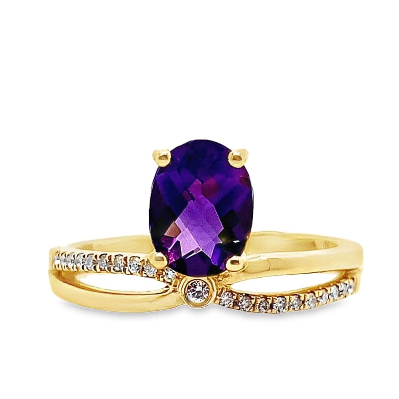14K YELLOW GOLD 1.20 CT OVAL SHAPE AMETHYST .13 CT TW NATURAL ROUND BRILLIANT DIAMOND FASHION RING