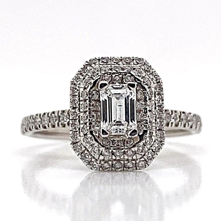 14K WHITE GOLD .40 CT F-G/SI2 EMERALD CUT NATURAL DIAMOND CENTER 1/2 CT TW NATURAL ROUND BRILLIANT DIAMOND ACCENT DOUBLE HALO STYLE RING