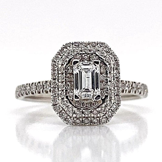 14K WHITE GOLD .40 CT F-G/SI2 EMERALD CUT NATURAL DIAMOND CENTER 1/2 CT TW NATURAL ROUND BRILLIANT DIAMOND ACCENT DOUBLE HALO STYLE RING