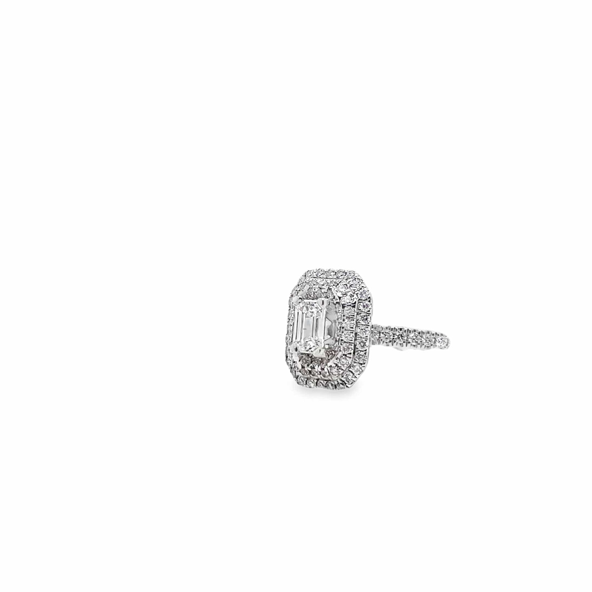 EMERALD CUT DIAMOND RING 14K WHITE GOLD DOUBLE HALO 0.90 CT TOTAL