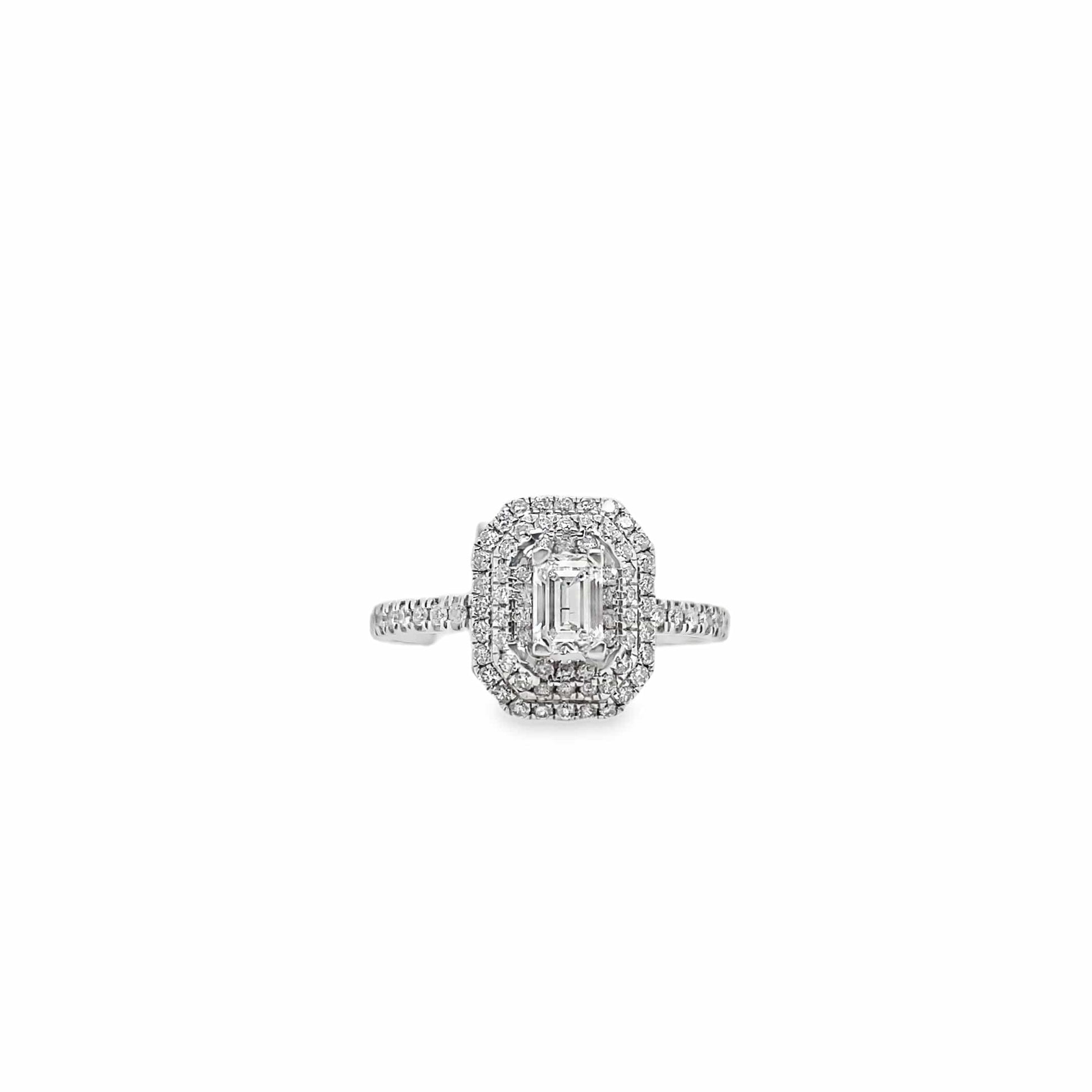 EMERALD CUT DIAMOND RING 14K WHITE GOLD DOUBLE HALO 0.90 CT TOTAL