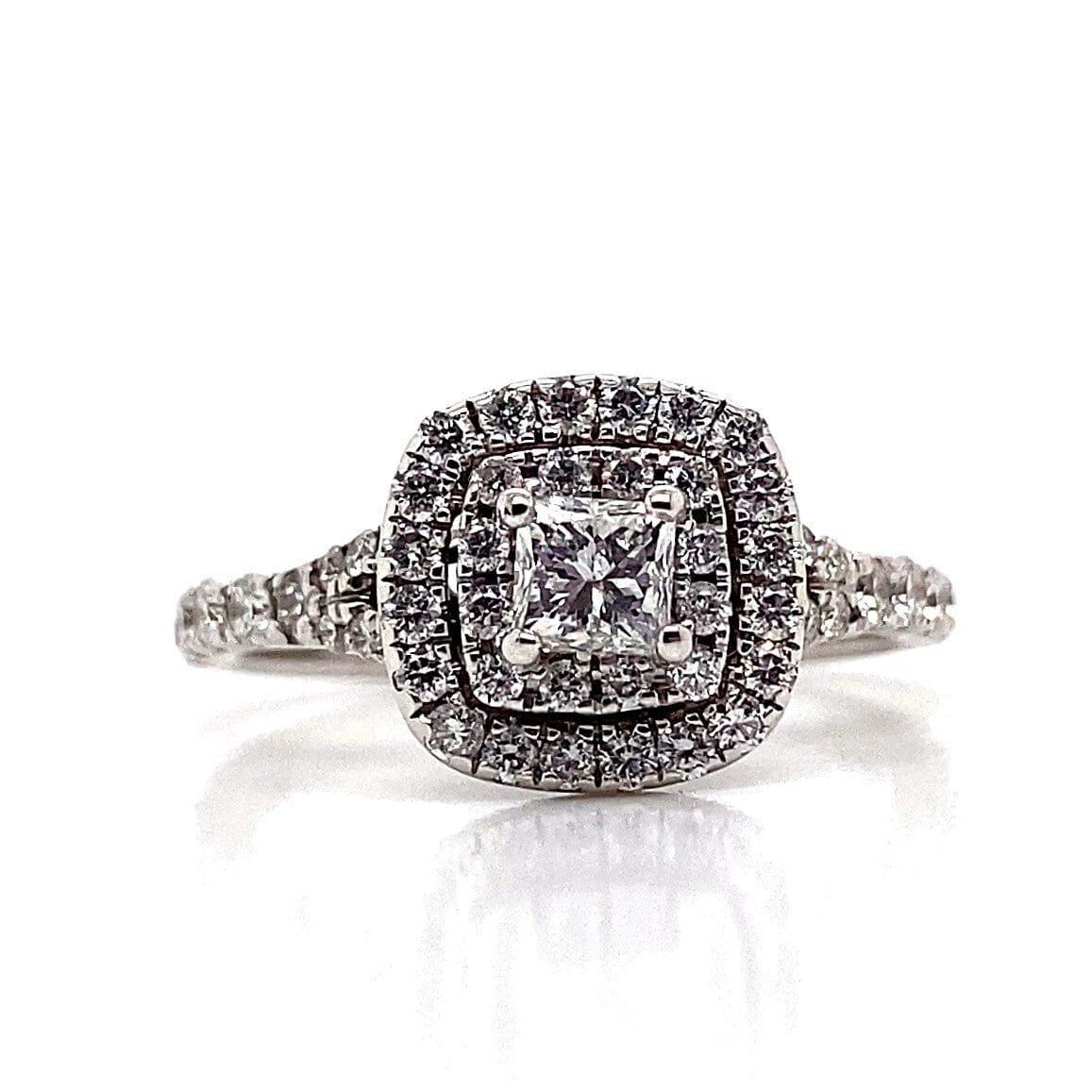14K WHITE GOLD 1/3 CT PRINCESS CUT NATURAL DIAMOND CENTER 1/2 CT TW NATURAL ROUND BRILLIANT DIAMOND ACCENT DOUBLE HALO SPLIT SHANK STYLE RING