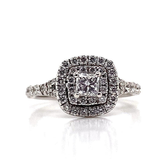 14K WHITE GOLD 1/3 CT PRINCESS CUT NATURAL DIAMOND CENTER 1/2 CT TW NATURAL ROUND BRILLIANT DIAMOND ACCENT DOUBLE HALO SPLIT SHANK STYLE RING
