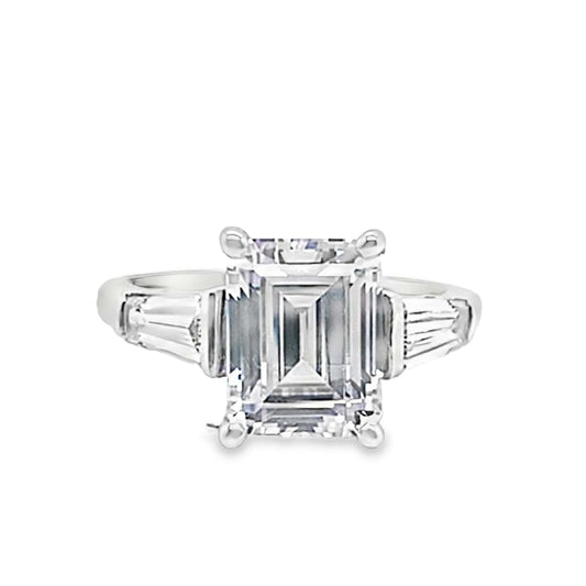 14K WHITE GOLD CZ CENTER (9X7MM EMERALD CUT) .70 CT TW NATURAL BAGUETTE DIAMOND ACCENT G/VS RING