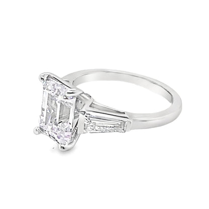14K WHITE GOLD CZ CENTER (9X7MM EMERALD CUT) .70 CT TW NATURAL BAGUETTE DIAMOND ACCENT G/VS RING