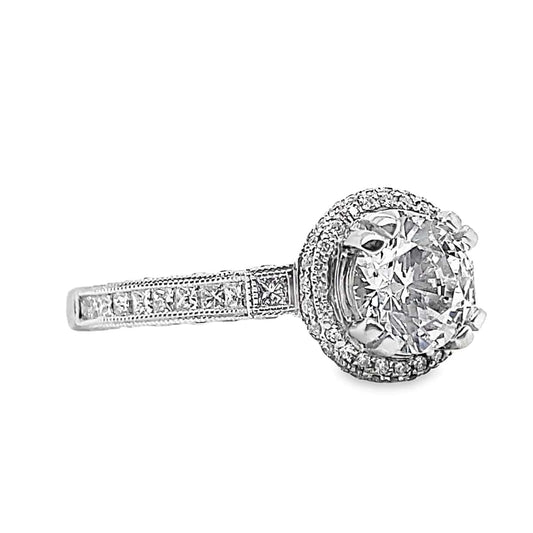 18K WHITE GOLD CZ CENTER (6.5 MM RBC) 1.08CT TW NATURAL PRINCESS AND ROUND BRILLIANT DIAMOND ACCENT ENGAGEMENT RING