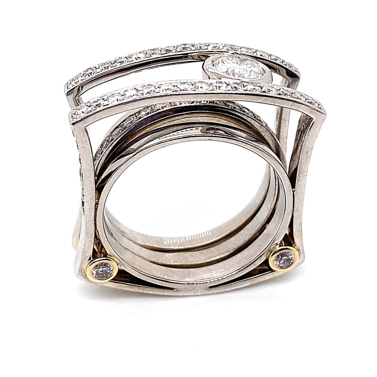 14KT WHITE AND YELLOW GOLD 1.01 CT TW NATURAL ROUND BRILLIANT F/VS1 GIA CENTER 2.80 CT TW NATURAL ROUND BRILLIANT DIAMOND ACCENT CUSTOM MENS RING SIZE 13