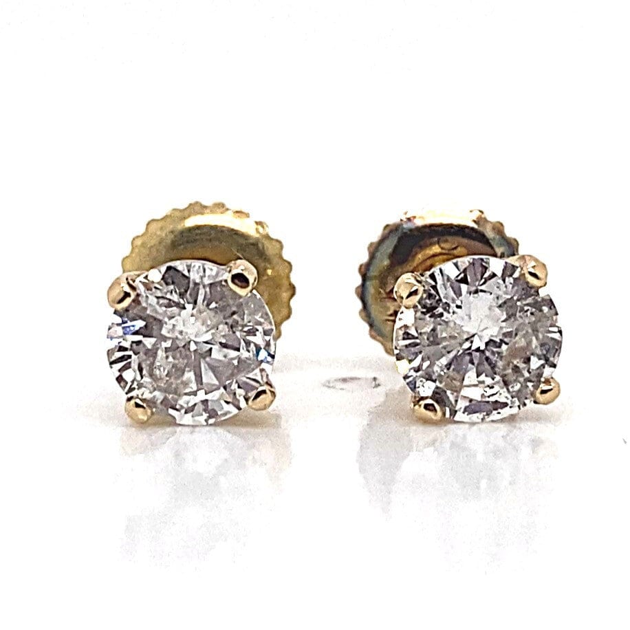 14K YELLOW GOLD 1.00 CT TW NATURAL DIAMOND ROUND BRILLIANT H-I/I1 FOUR PRONG BASKET STYLE STUD EARRINGS