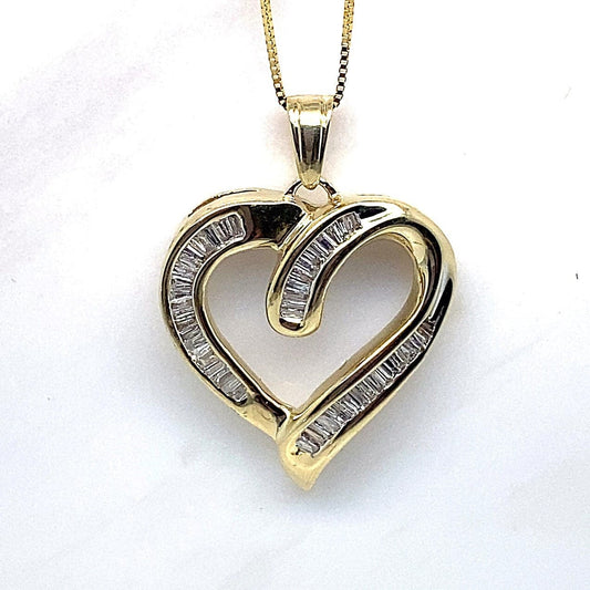 14K YELLOW GOLD 1/2 CT TW NATURAL BAGUETTE DIAMOND CHANNEL SET HEART STYLE PENDANT WITH CHAIN