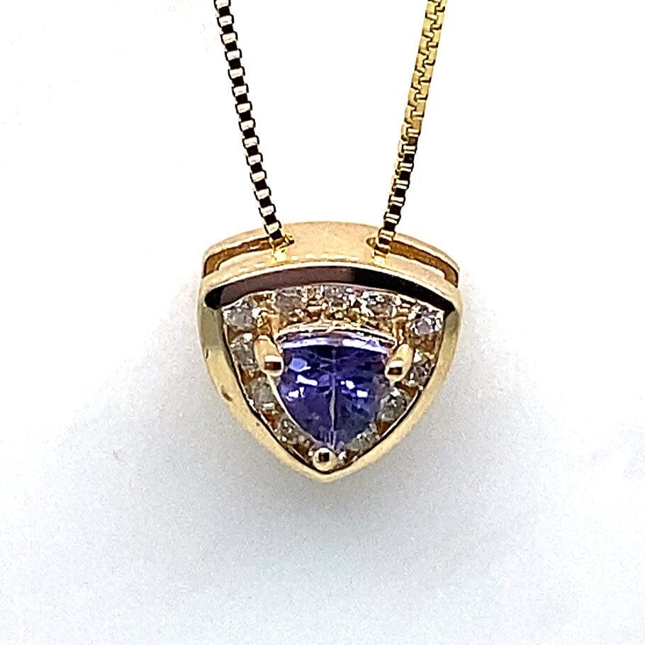 14K YELLOW GOLD 5 MM TRILLION TANZANITE CENTER 1/5 CT TW NATURAL ROUND BRILLIANT DIAMOND ACCENT PENDANT WITH CHAIN