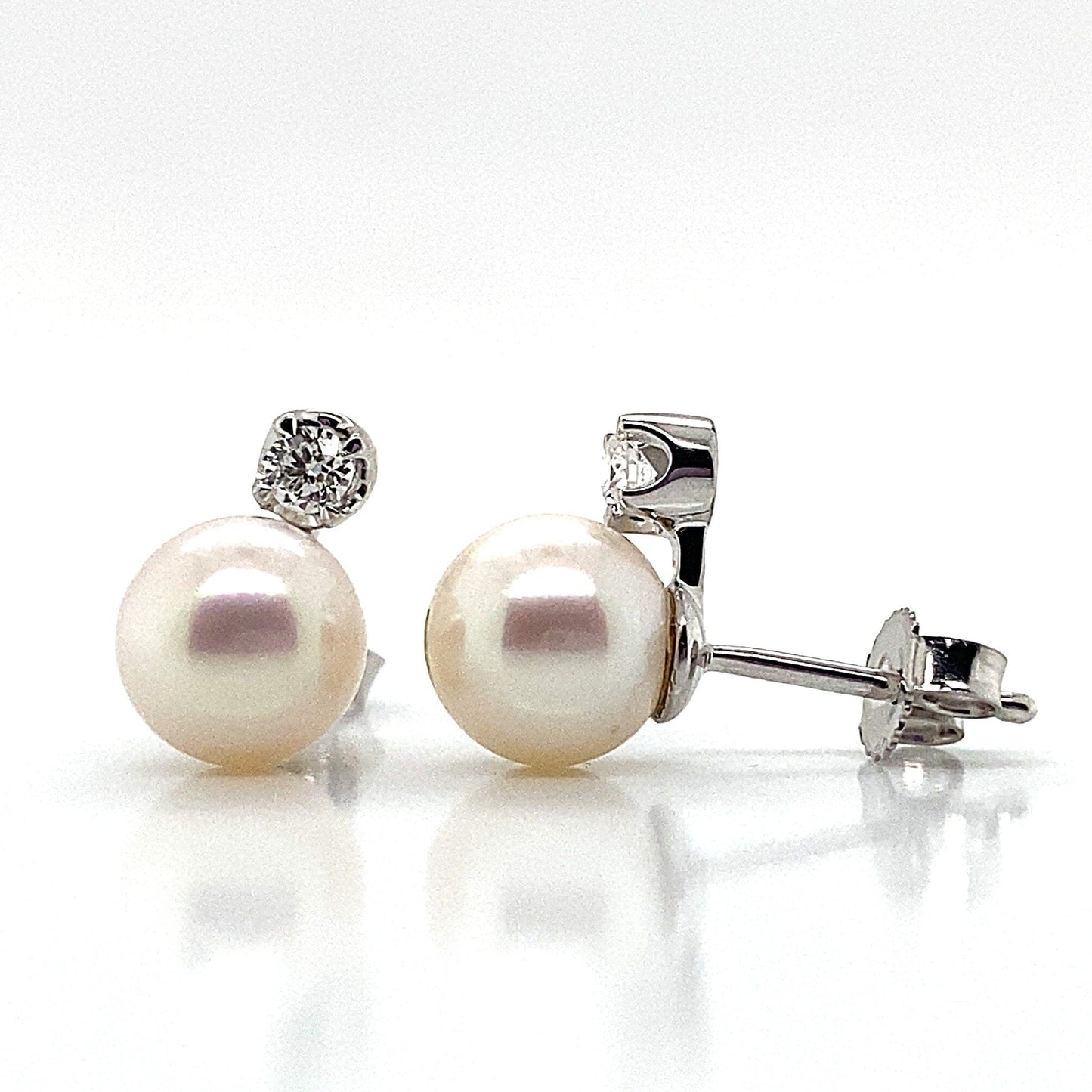 14K WHITE GOLD .14 CT TW NATURAL ROUND BRILLIANT DIAMOND 7-7.5 MM FRESHWATER PEARL STUD EARRINGS