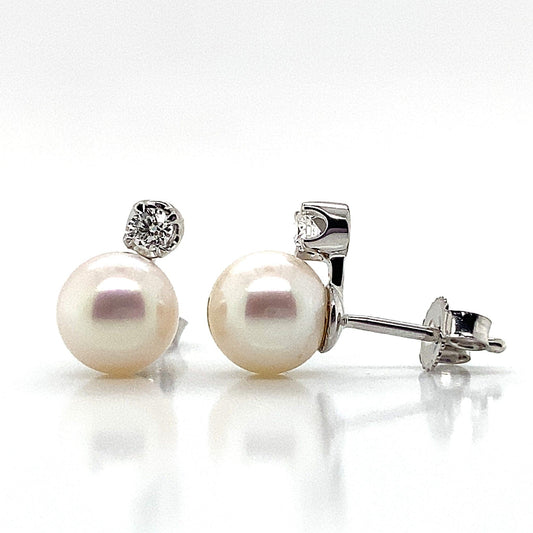 14K WHITE GOLD .14 CT TW NATURAL ROUND BRILLIANT DIAMOND 7-7.5 MM FRESHWATER PEARL STUD EARRINGS
