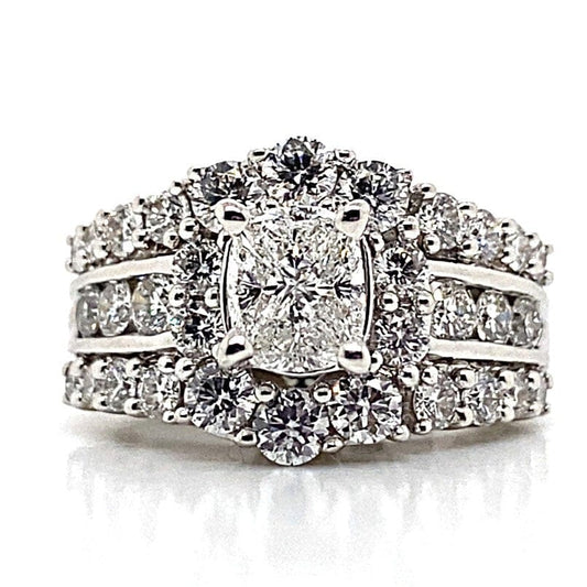 14K WHITE GOLD 2CT TW NATURAL DIAMOND HALO RING CENTER 4 TRILLION STONES MAKE UP OVAL CENTER 3 ROW RBCS