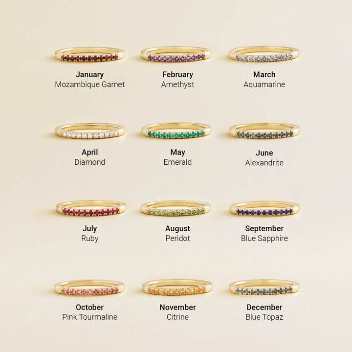 Gold rings with birthstone gemstones corresponding to each month, on a beige background.