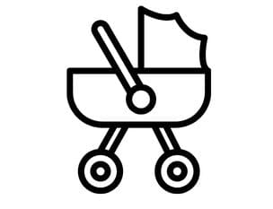 Black and white icon of a baby stroller on a white background