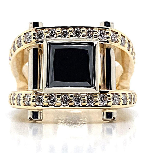 14K YELLOW AND WHITE GOLD 2 CT PRINCESS BLACK DIAMOND CENTER 1.60 CT TW NATURAL DIAMOND ACCENT CUSTOM MEN'S RING