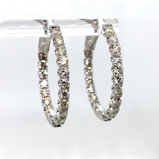 14K WHITE GOLD 2.95 CT NATURAL ROUND BRILLIANT DIAMOND OVAL SHAPE IN AND OUT STYLE HOOP EARRINGS