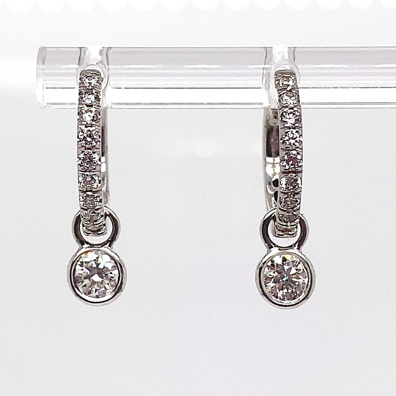 14K WHITE GOLD .70 CT TW NATURAL ROUND BRILLIANT DIAMOND HOOP DROP EARRINGS