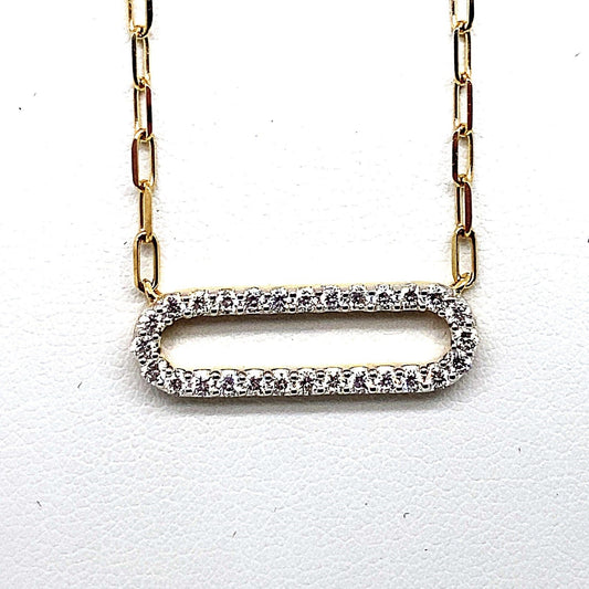14K YELLOW GOLD .50 CT TW NATURAL ROUND BRILLIANT DIAMOND OVAL SHAPE EAST-WEST STYLE NECKLACE  WITH PAPER CLIP STYLE CHAIN