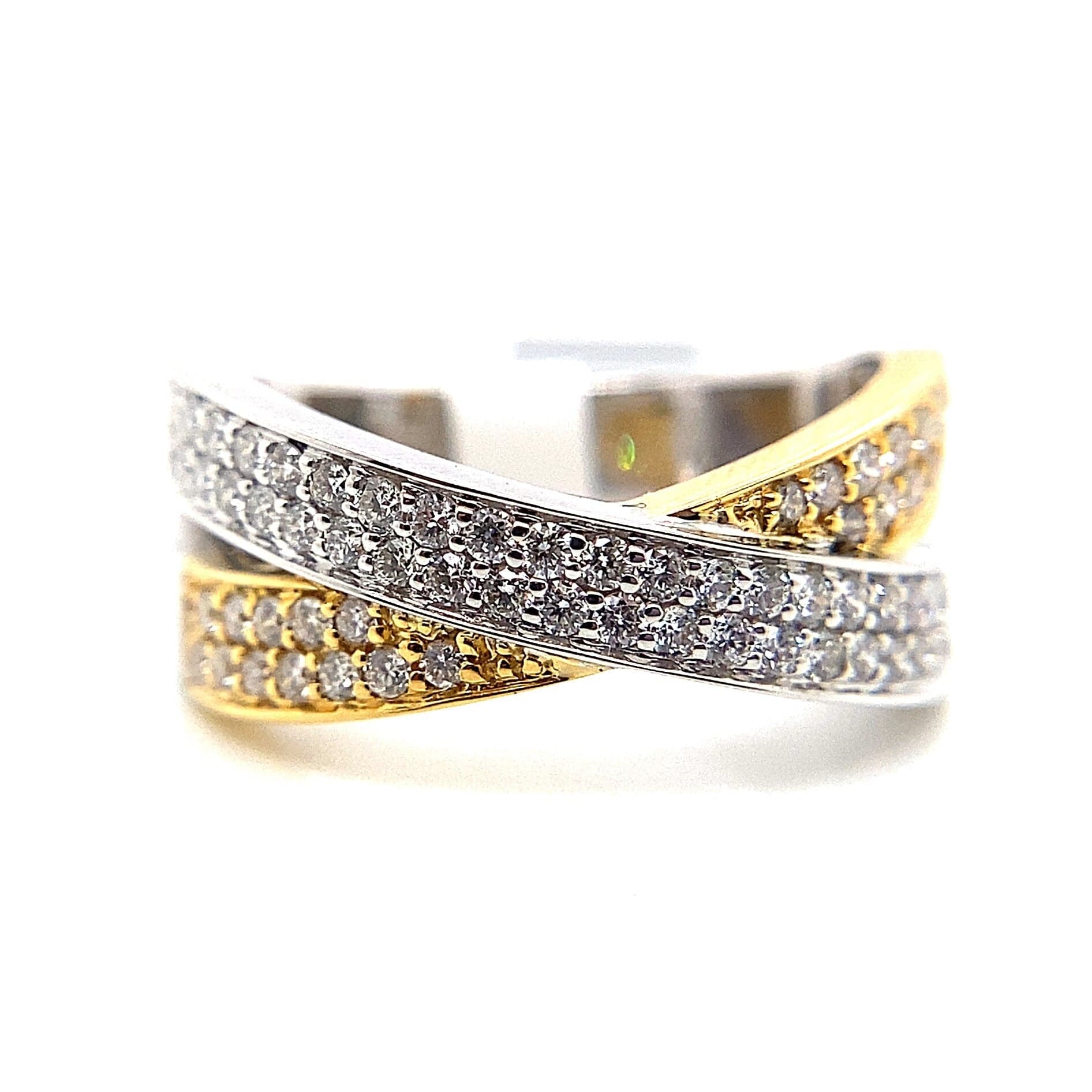 18K YELLOW AND WHITE GOLD .58 CT TW NATURAL ROUND BRILLIANT DIAMOND ACCENT CRISS CROSS STYLE RING