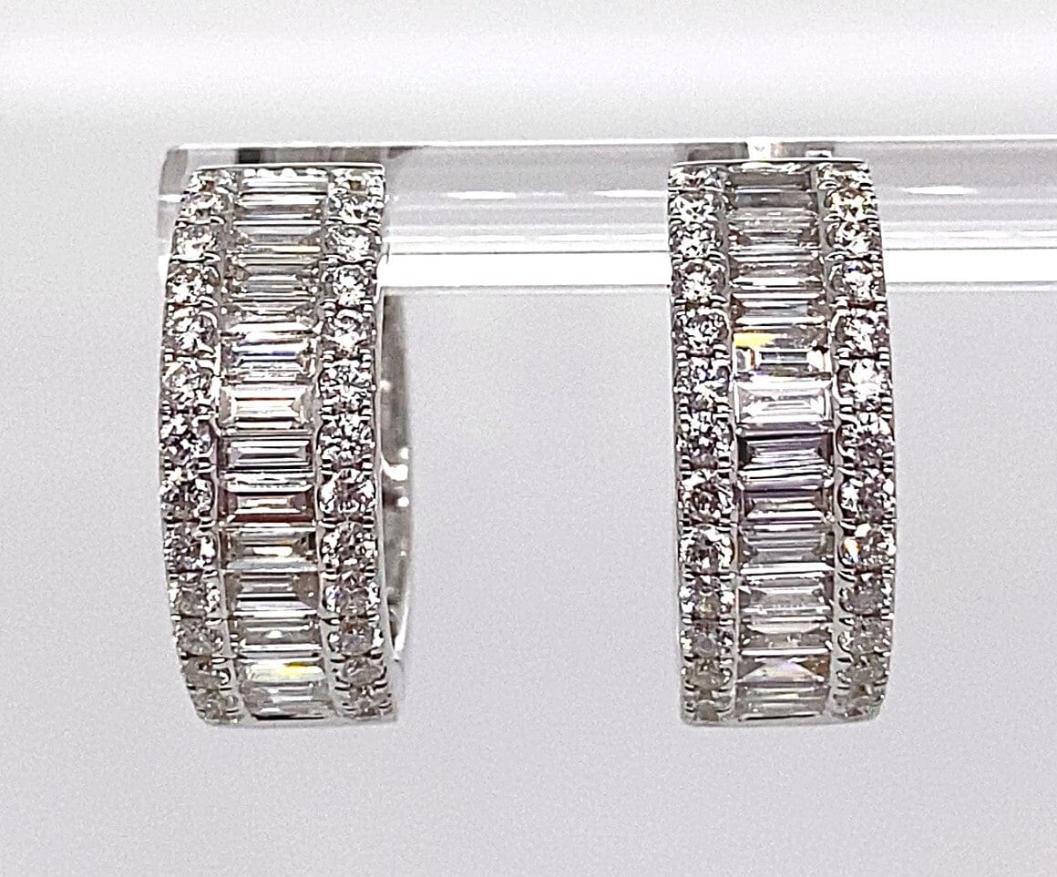 18K WHITE GOLD 1.75CT TW NATURAL ROUND BRILLIANT AND BAGUETTE CUT DIAMONDS HOOP STYLE EARRINGS
