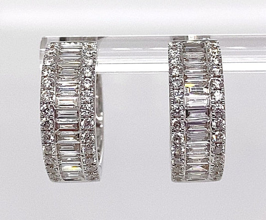 18K WHITE GOLD 1.75CT TW NATURAL ROUND BRILLIANT AND BAGUETTE CUT DIAMONDS HOOP STYLE EARRINGS