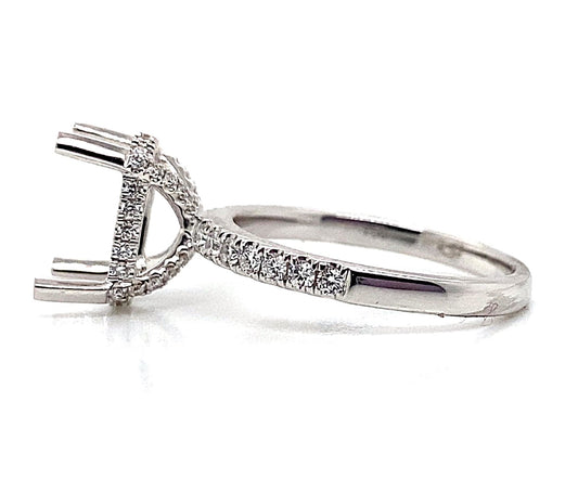 18K white gold ring with .43 ct diamond accents and hidden halo design, no center (11x9mm).