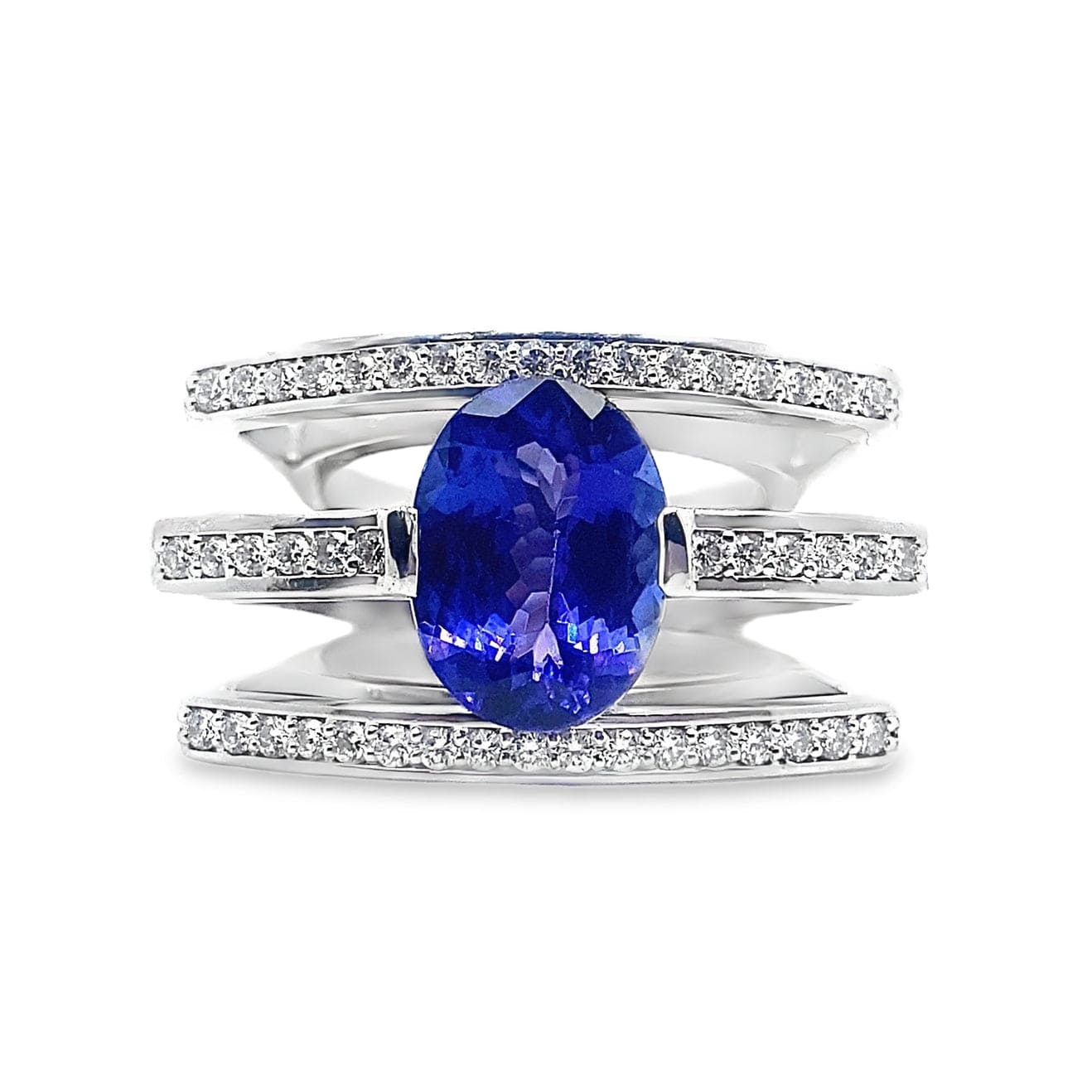 14K WHITE GOLD 1.80 CT TW 4.74 CT TANZANITE 3 BAND DESIGN RING