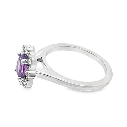 14K WHITE GOLD 1.02 CT NATURAL OVAL PURPLE SAPPHIRE CENTER .20 CT TW NATURAL ROUND BRILLIANT DIAMOND ACCENT ART DECO HALO STYLE RING