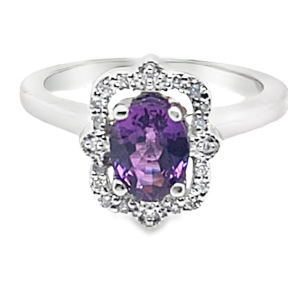 14K WHITE GOLD 1.02 CT NATURAL OVAL PURPLE SAPPHIRE CENTER .20 CT TW NATURAL ROUND BRILLIANT DIAMOND ACCENT ART DECO HALO STYLE RING