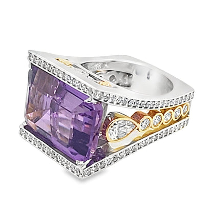 14K WHITE AND YELLOW GOLD 15.65 CT EMERALD CUT AMETHYST CENTER  3.15 CT TW NATURAL ROUND BRILLIANT AND PEAR DIAMOND ACCENT CONTEMPORARY STYLE RING